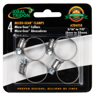 Hose Clamp; 1/4 Inch To 5/8 Inch Clamping Range; Worm Gear Style; Stainless Steel; Set Of 4 Attributes Type: Worm Gear Maximum Diameter: 5/8 Inch Minimum Diameter: 1/4 Inch Color: Silver Material: Stainless Steel Quantity: Set Of 4