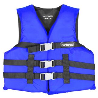 Airhead 10002-02-A-BL Life Vest; For Body Weight 30 To 50 Pounds; Harmonized U S Coast Guard And Transport Canada Approved; Child; Poly-e Flotation/ Polyester Shell; Blue; Open Sides With 3 Buckles