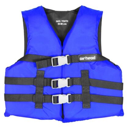 Airhead 10002-02-A-BL Life Vest; For Body Weight 30 To 50 Pounds; Harmonized U S Coast Guard And Transport Canada Approved; Child; Poly-e Flotation/ Polyester Shell; Blue; Open Sides With 3 Buckles